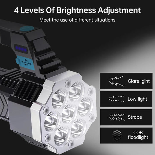 High Power 7 LED Flashlight Rechargeable USB Torch with COB Side Light Portable Outdoor Work Lamp