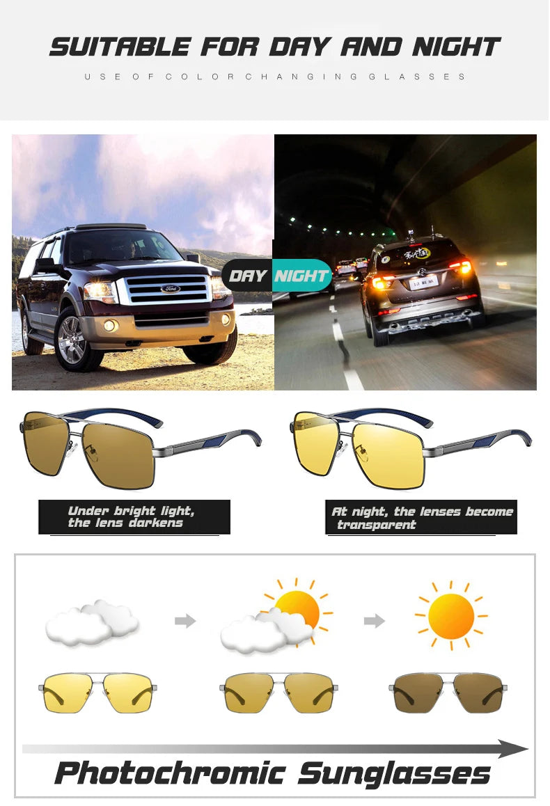 Photochromic Polarized Night Vision Driving Sunglasses UV400 Yellow Lens Goggles for Men Women