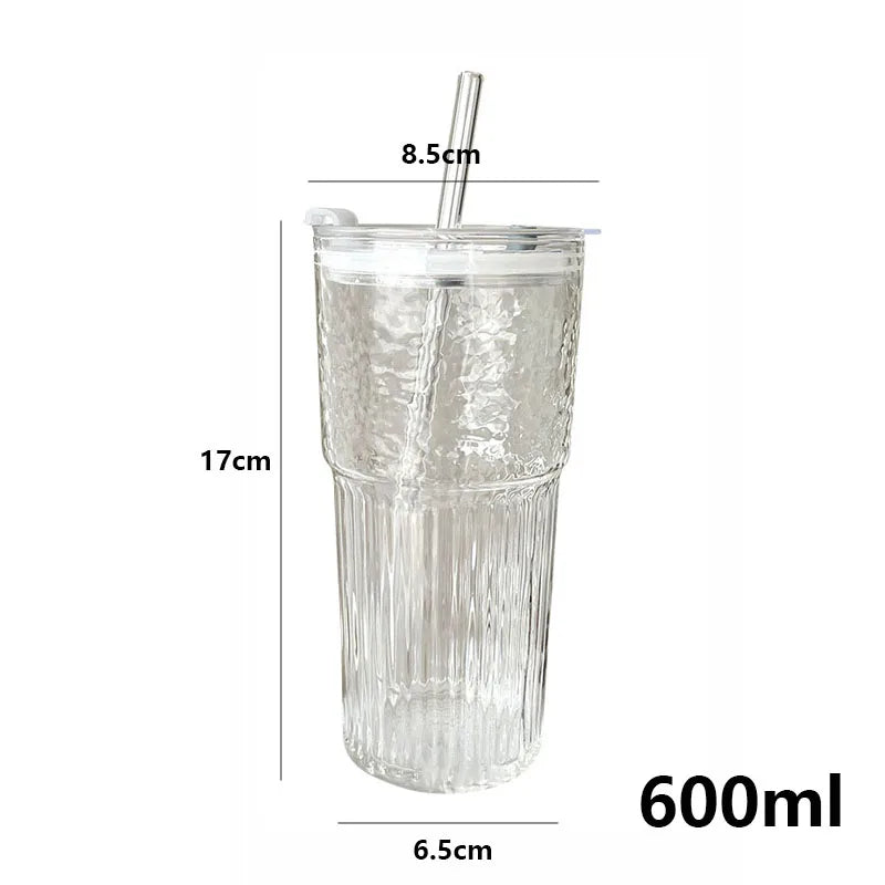 600ml Stripe Glass Cup with Lid And Straw Transparent Milk Tea Juice Cup Drinking Glasses Ice Water Coffee Mug Bar Drinkware