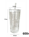 600ml Stripe Glass Cup with Lid And Straw Transparent Milk Tea Juice Cup Drinking Glasses Ice Water Coffee Mug Bar Drinkware