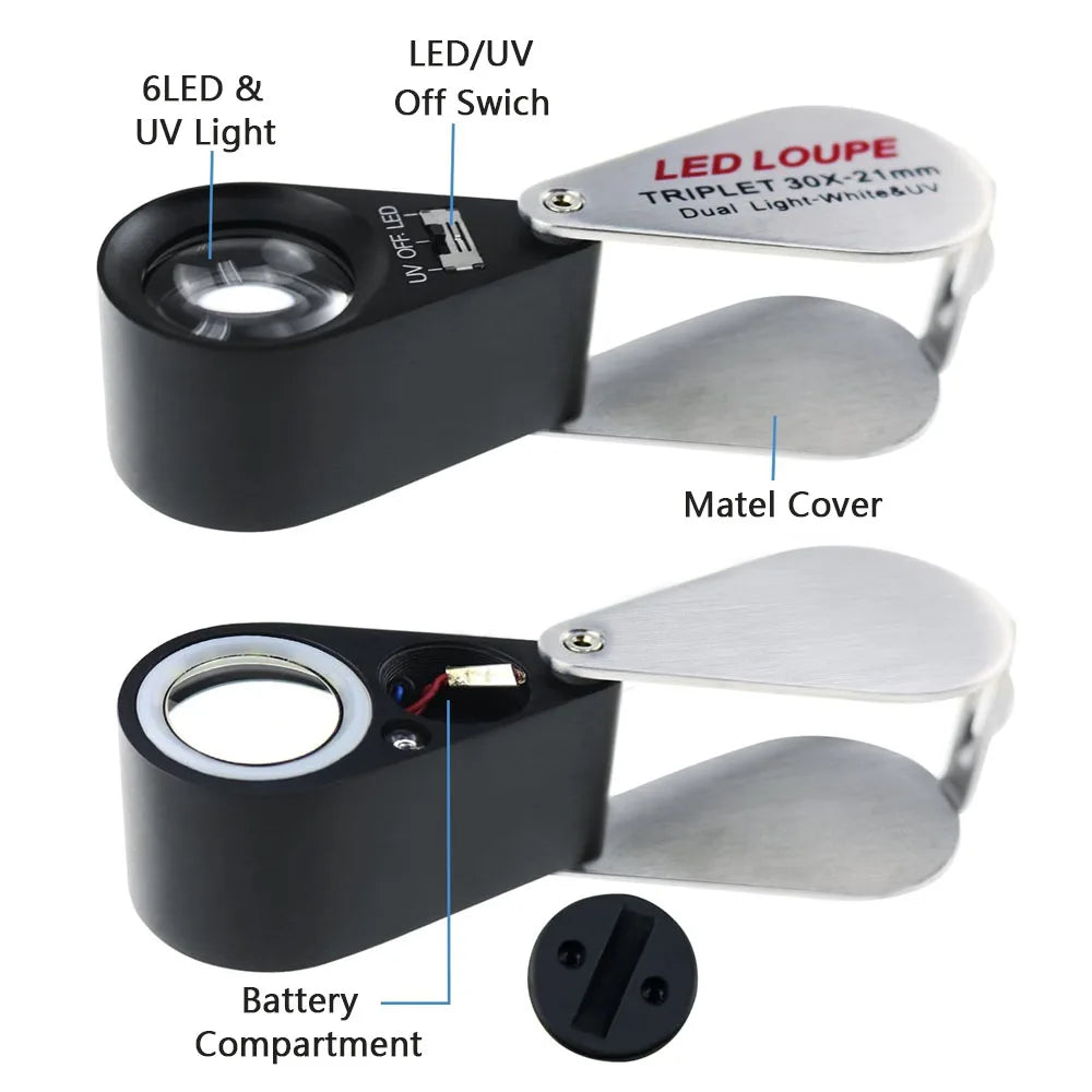 10X–40X LED UV Jewelry Loupe Magnifier Foldable Metal