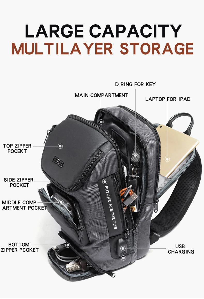 Anti-theft Chest Bag Shoulder Strap USB Rechargeable Crossbody School Gym Pack, Men Sports Waterproof Shoulder Bag