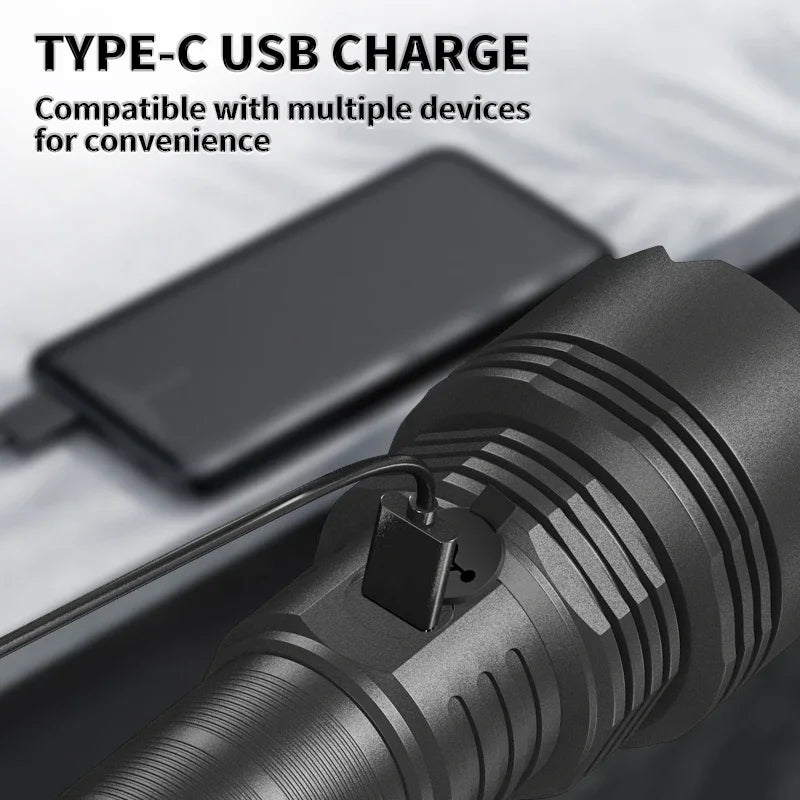 High Intensity LED Flashlight Type-C Rechargeable Fixed Focus Aluminum Torch Outdoor Ultra Bright