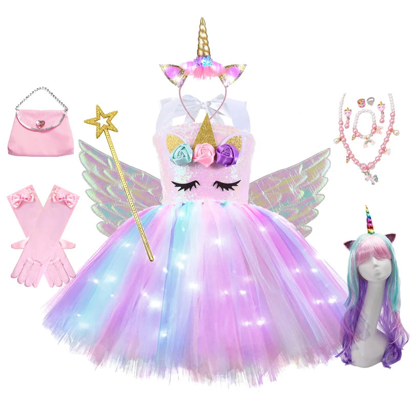 Girls Rainbow Unicorn Light Up Tutu Dresses for Kids Birthday Party Sequins Glowing Knee Length Dress Halloween Animal Costumes