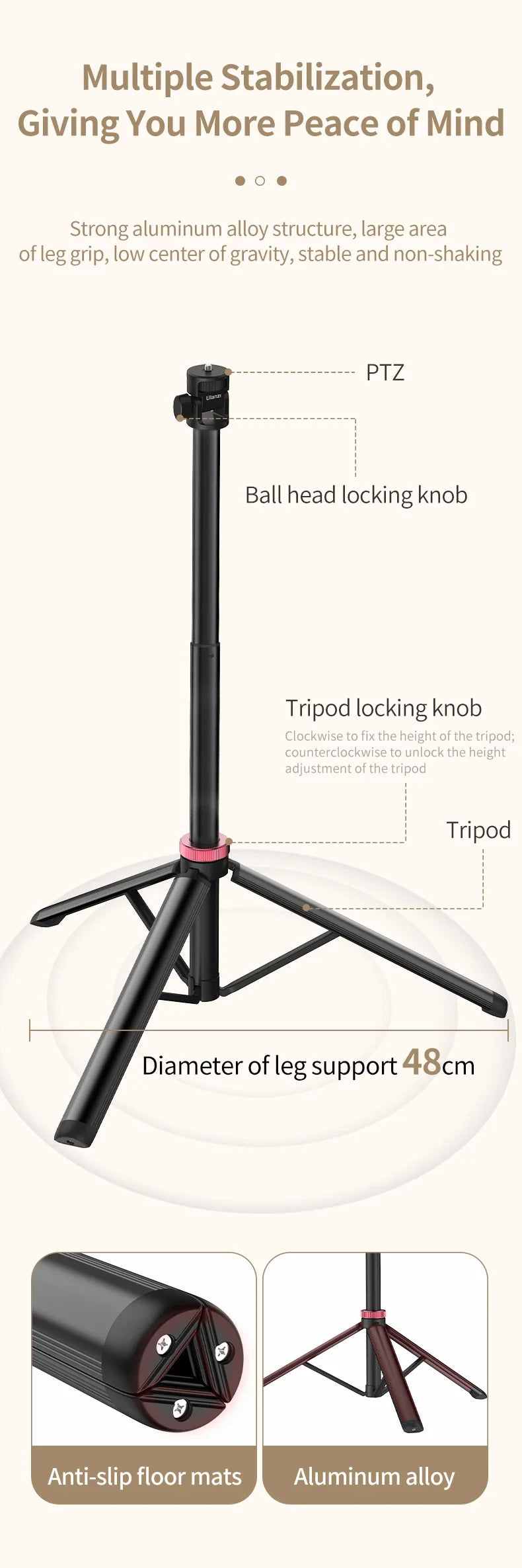 Portable Universal Tripod Aluminum Alloy Camera & Fill Light Holder Lightweight Extendable