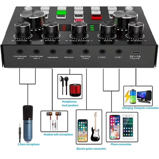 V8S Live Sound Card Mixer With Bluetooth USB Voice Changer And DSP Effects