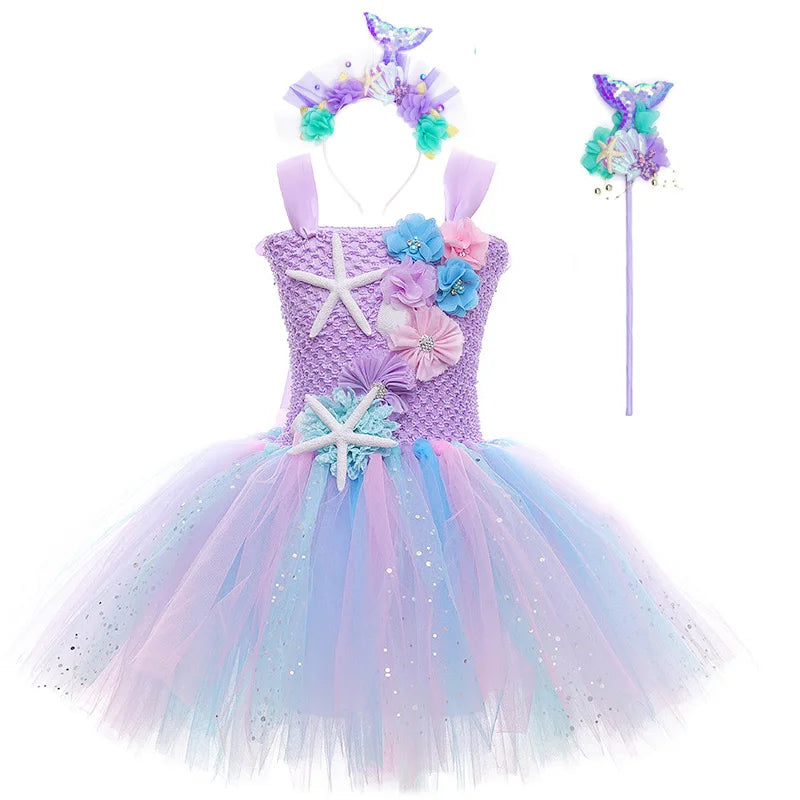 Pastel Mermaid Princess Tutu Dress with Flower Headband Party Costume
