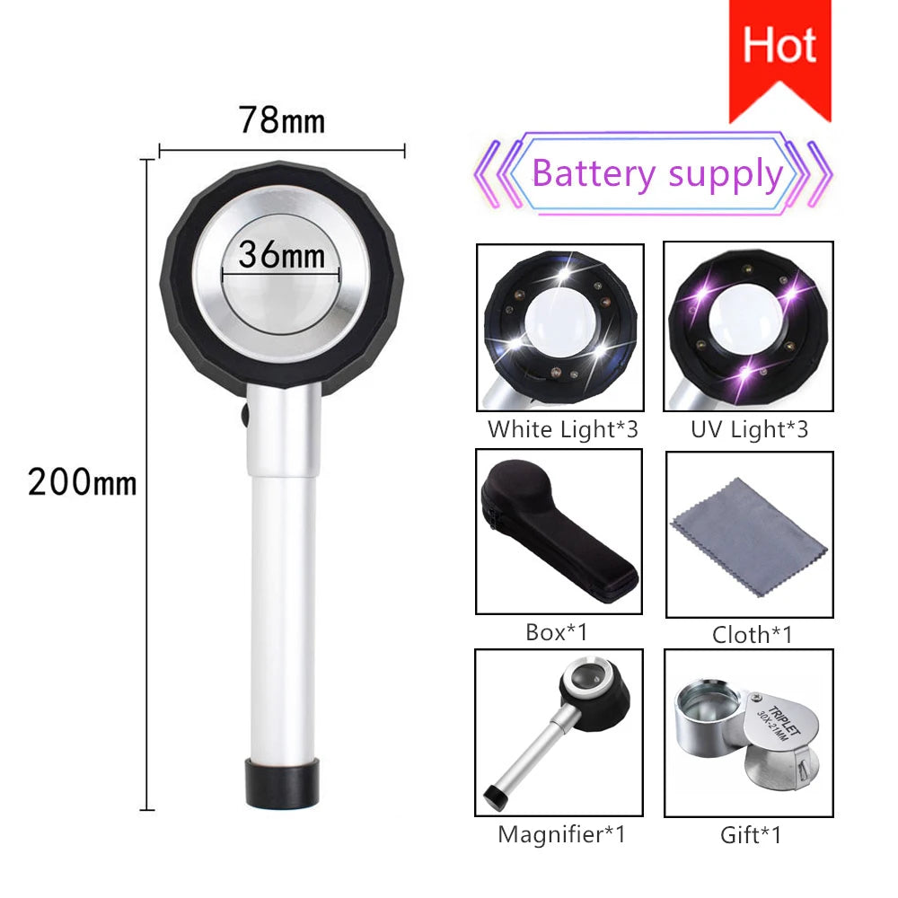 45X LED UV Magnifier Loupe with Scale Metal Handheld