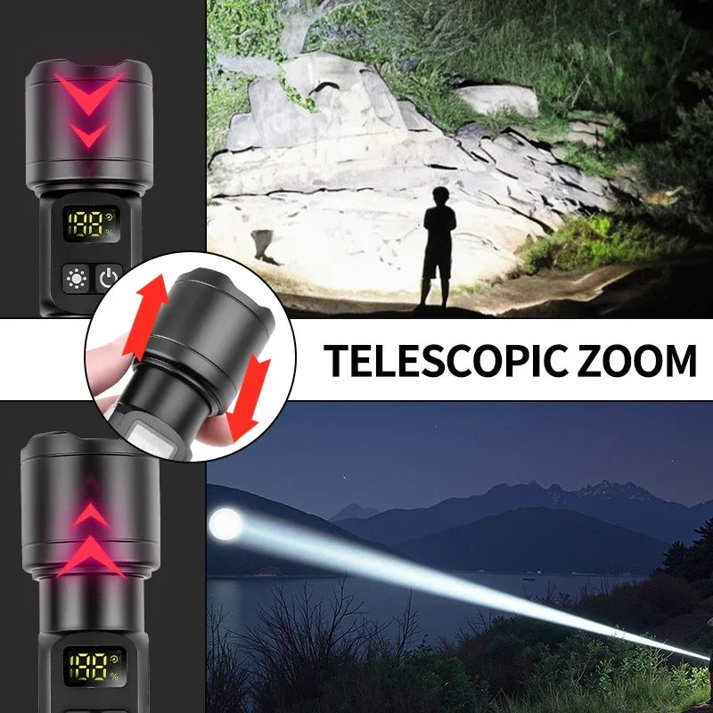 White Laser High Power Rechargeable LED Flashlight with Digital Display Magnet COB Side Light Zoom Torch