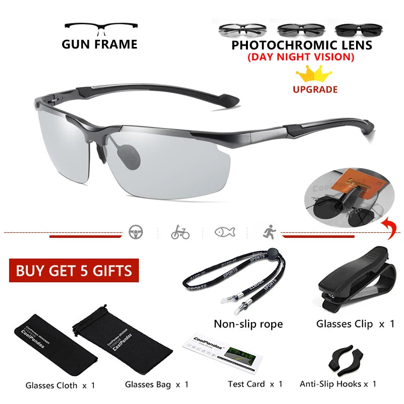 Aluminum Rimless Photochromic Polarized UV400 Day Night Driving Sunglasses for Men Women