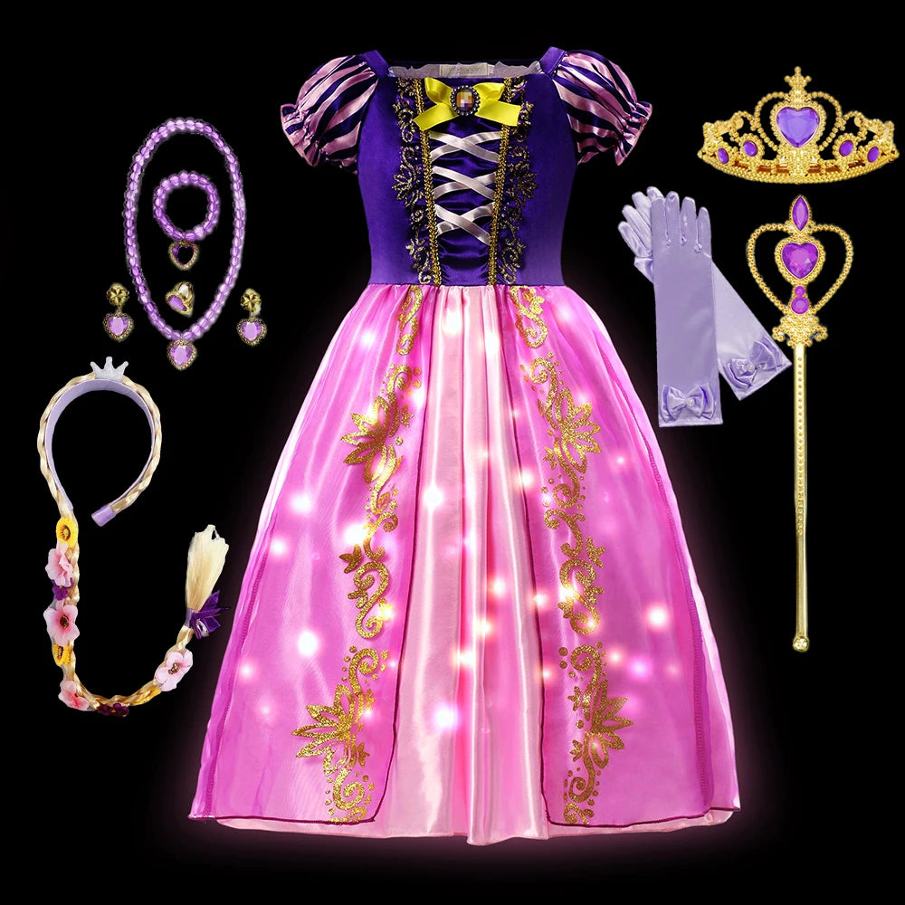 Rapunzel Princess Dress Costume LED Light Up Roleplay Disguise Fancy Kids Halloween Birthday Costume