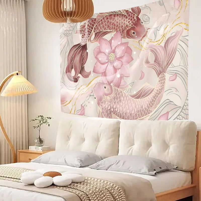 Koi and Lotus Tapestry New Chinese Style Living Room Tea Room Wall Hanging Zen-Inspired Room Decor