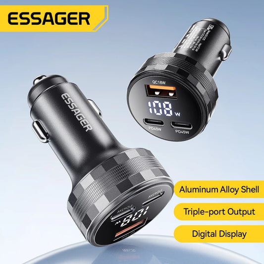 108W USB C Car Charger 3 Ports PD 3.0 Fast Charging Digital Display Dual Type C + USB Adapter