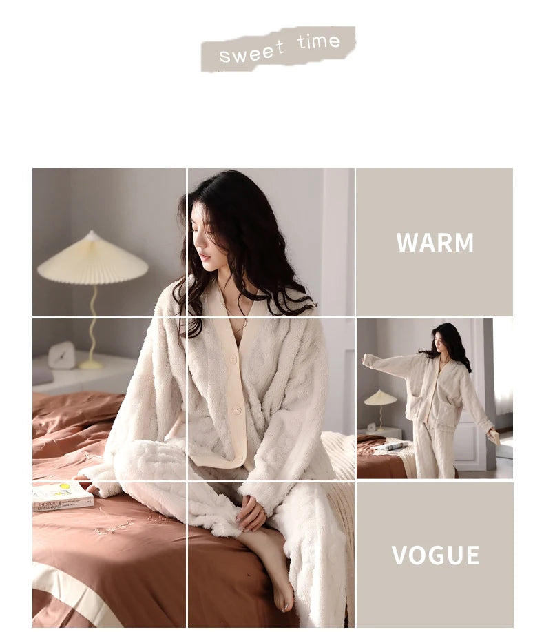 Women’s Winter Flannel Pajama Set – Warm, Thick Coral Fleece 2-Piece Loungewear