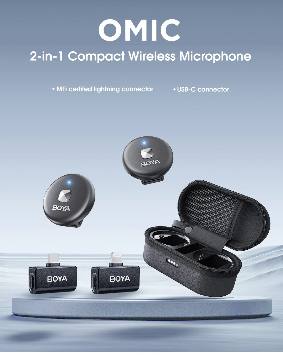 Omic 2-in-1 Wireless Lavalier Lapel Microphone for iPhone Android Smartphones Type-C Youtube Video Recording Streaming Vlog