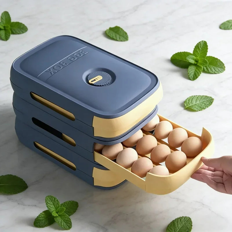 Automatic Rolling Egg Holder Stackable Drawer Storage Box – Space-Saving Refrigerator Kitchen Organizer