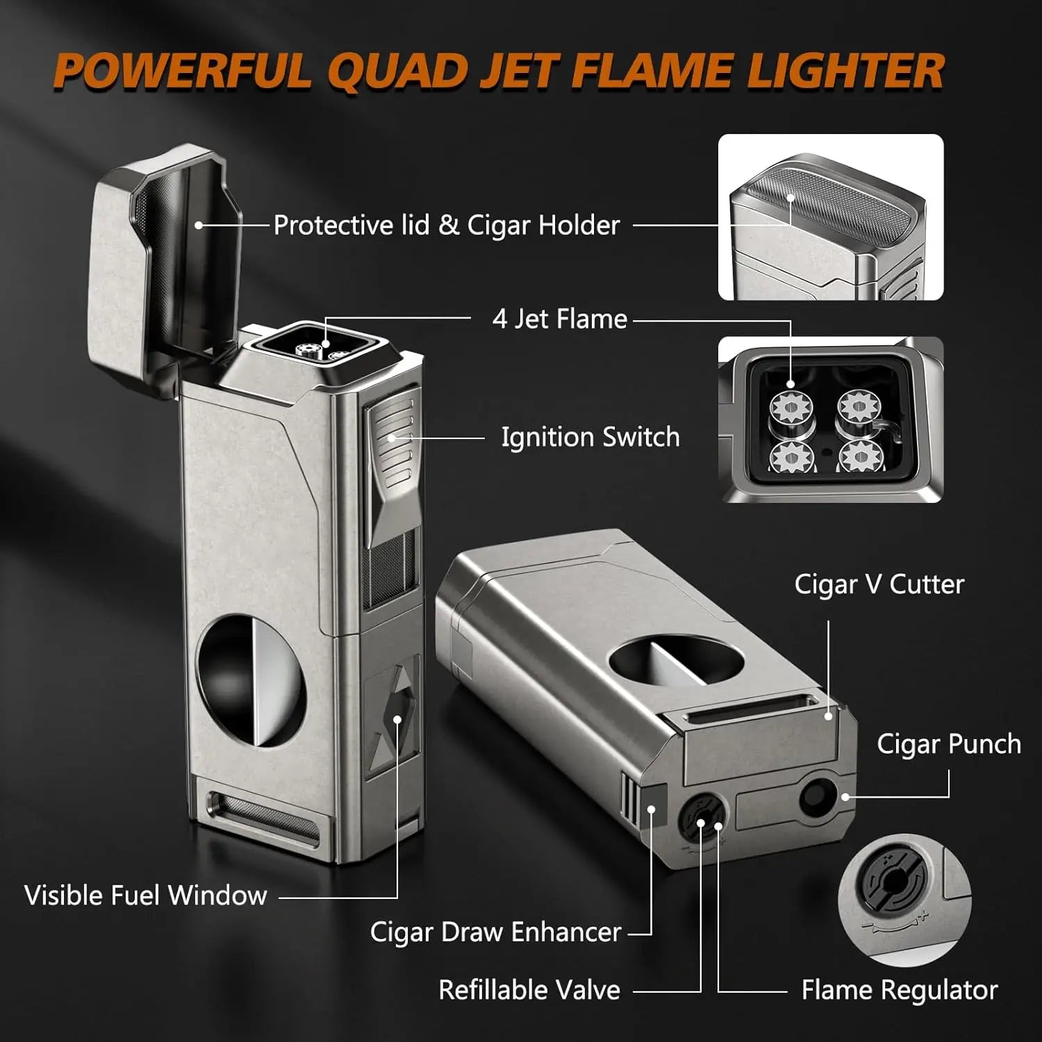 Cigar Lighter 4 Jet Flame,Refillable Butane Lighter with Cigar Cutter V Cut Cigar Punch Cigar Holder Cigar Draw Enhancer