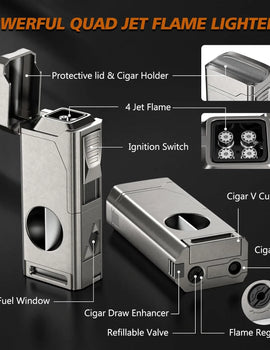 Cigar Lighter 4 Jet Flame,Refillable Butane Lighter with Cigar Cutter V Cut Cigar Punch Cigar Holder Cigar Draw Enhancer