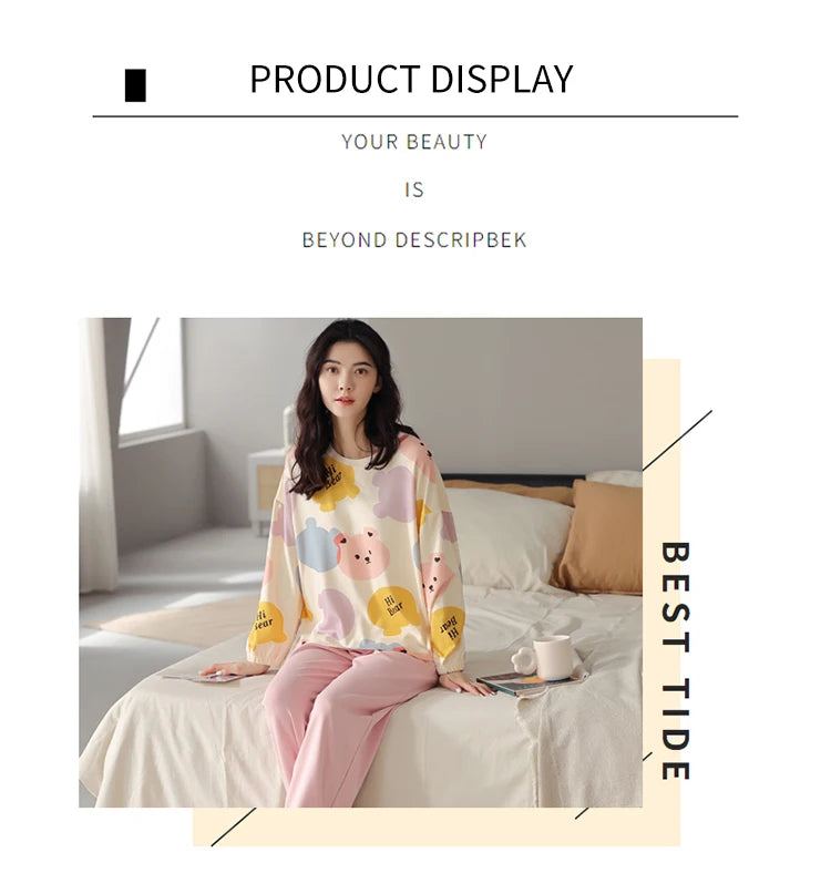 Women’s Cute Lazy Style Cotton Pajama Set – Soft, Loose Long Sleeves & Pants