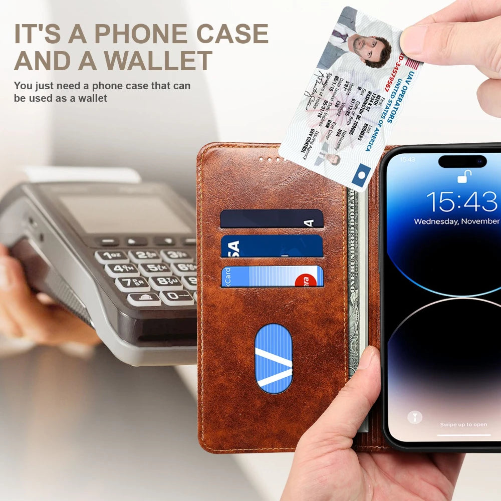 Flip Leather Wallet Phone Case for iPhone 16 15 Pro Max 16E 14 Plus with  Card Slot Holder Cover