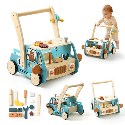 Baby Wooden Toy Newborn Learning To Walk Toy Educational Sensory Play Multi-functional Wooden Cartoon Car Toy Baby Gift With Box