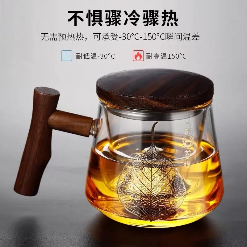 Heat Resistant Glass Teacup Strainers Wood Handle Lid Chinese Kung Fu Tea Set Ceremony High Boron Silicon Teawear Cups