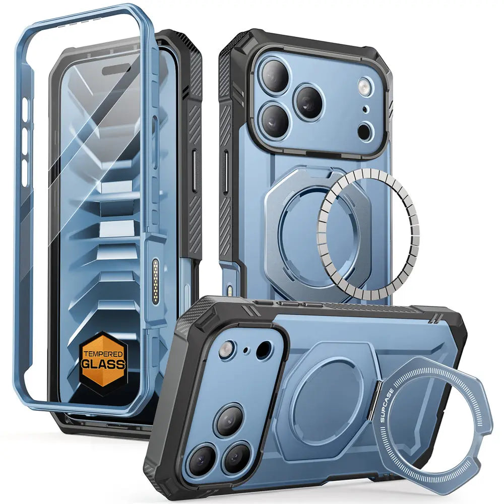 Rugged Magnetic Phone Case with Tempered Glass Screen Protector and Aluminium Kickstand for iPhone 17 Pro and iPhone 18 Pro
