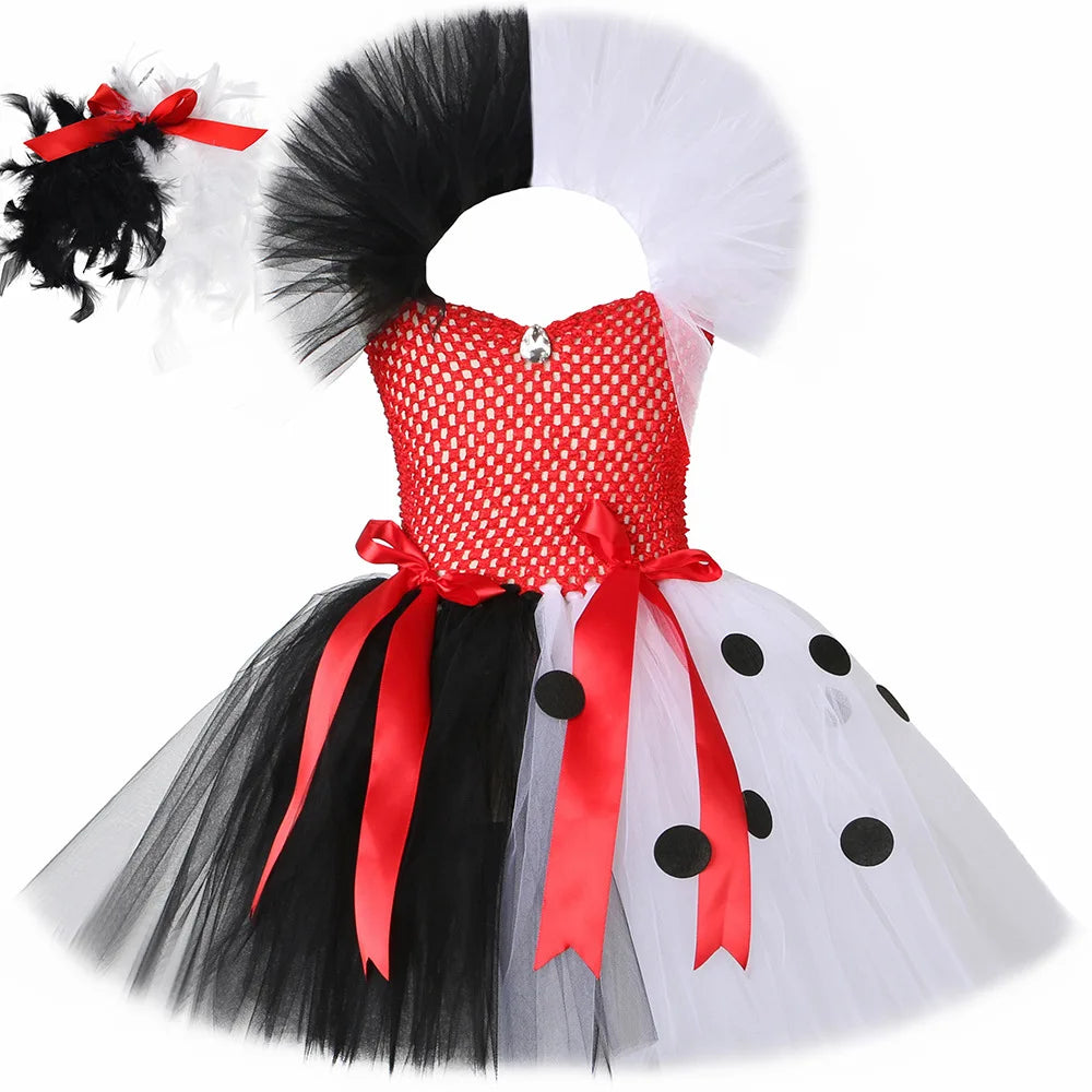 Girls Halloween Cruella Cosplay Costumes Girls Party Tutu Dress Black And White Tulle Frocks Kids Evil Role Playing Outfits