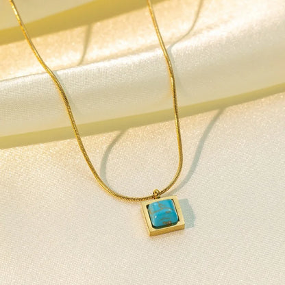 Retro Square Titanium Steel Turquoise Pendant Necklace For Women Girl Ethnic Style Personality Necklace 45 cm