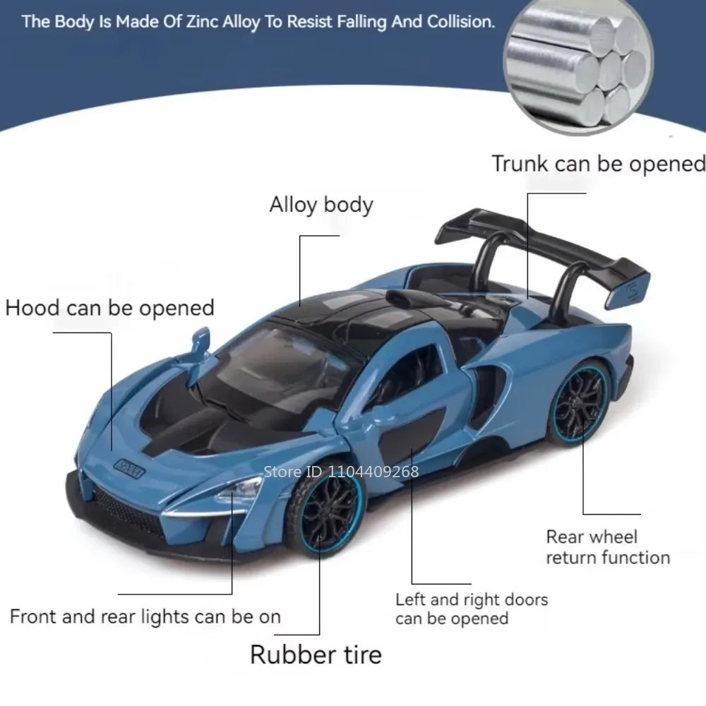 1:32 720S Senna Sports Car Model Toy Doors Opened Metal Die-cast Sound Light Miniature Vehicles Models Boys Collection Gifts