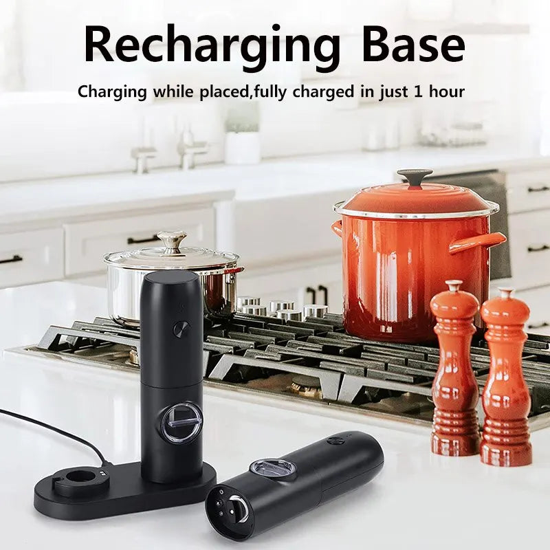 Electric Salt and Pepper Grinder Set with Charging Base and LED Light Adjustable Coarseness Automatic Spice Herb Mill