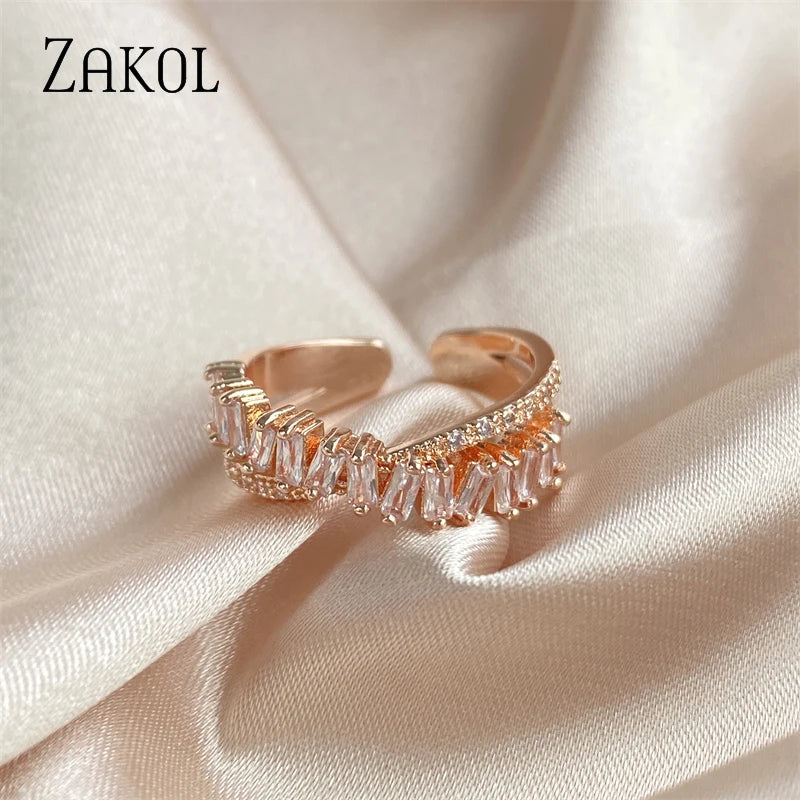 Fashion Baguette Zircon X Shape Open Rings Cross Adjustable Ring