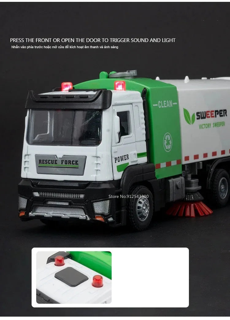 1:32 Water Spray Fog Fire Truck Model Sweeper Toy Car Sound Light Pull Back Doors Opened Vehicles Collection  Gifts
