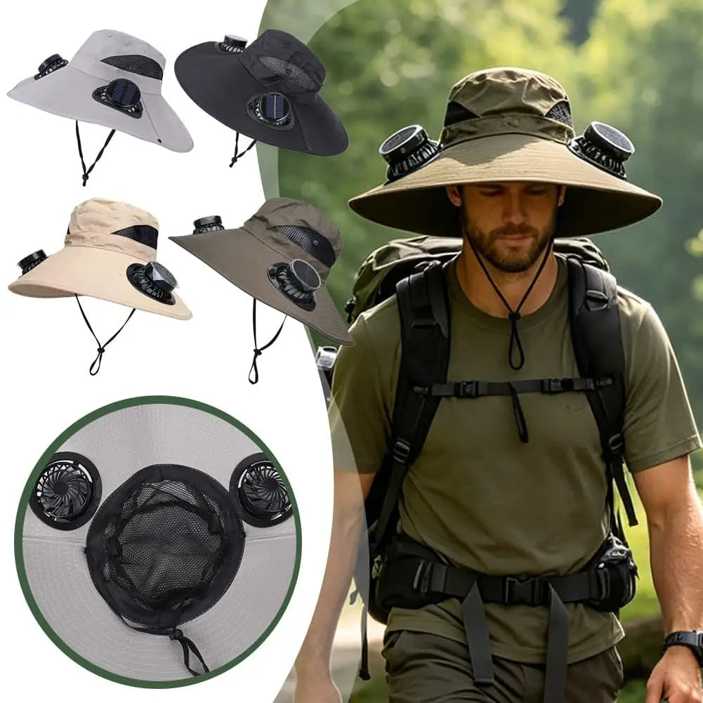 Wide Brim Sun Hat With Dual Fans Solar And USB Charging