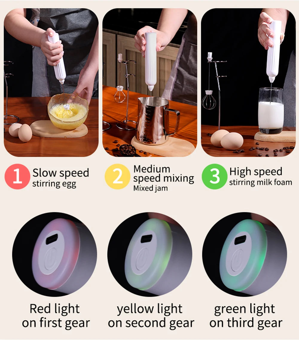Electric Milk Frother USB Rechargeable Wireless Milk Foamer Coffee Whisk Mixer Egg Beater Mini Frother Handle Stirrer 3 Speeds