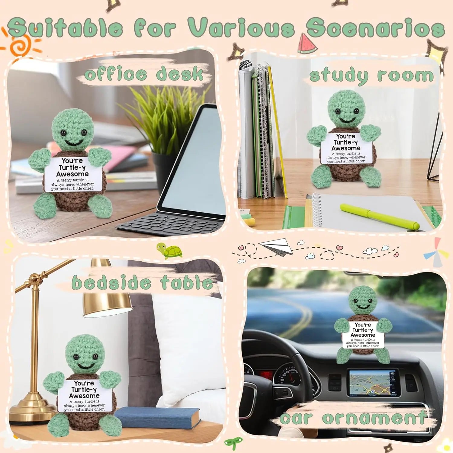 3 Pcs Cute Handmade Knitted Emotional Motivational Turtle Doll Home Room Decoration Funny Crochet Turtle With Positive Card Ornament