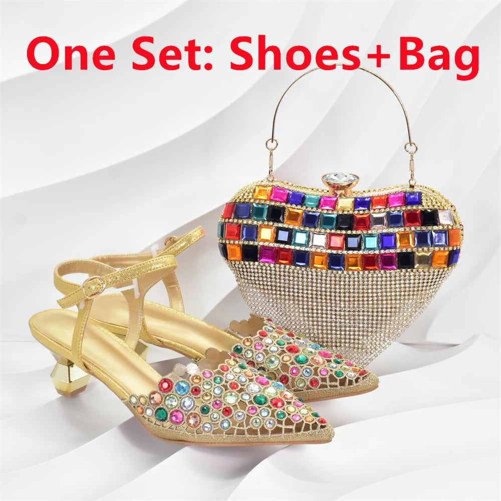 Italian Shoes and Bags Matching Set Rhinestones African Pointed Toe Women High Heel Evening Party Pumps Wedding Shoes Bride