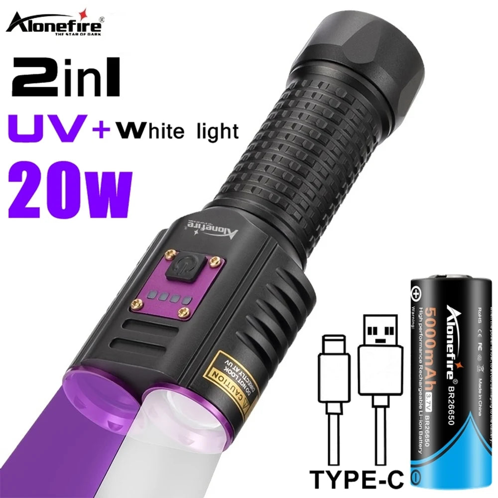 20W 365nm UV Rechargeable Flashlight With White Light