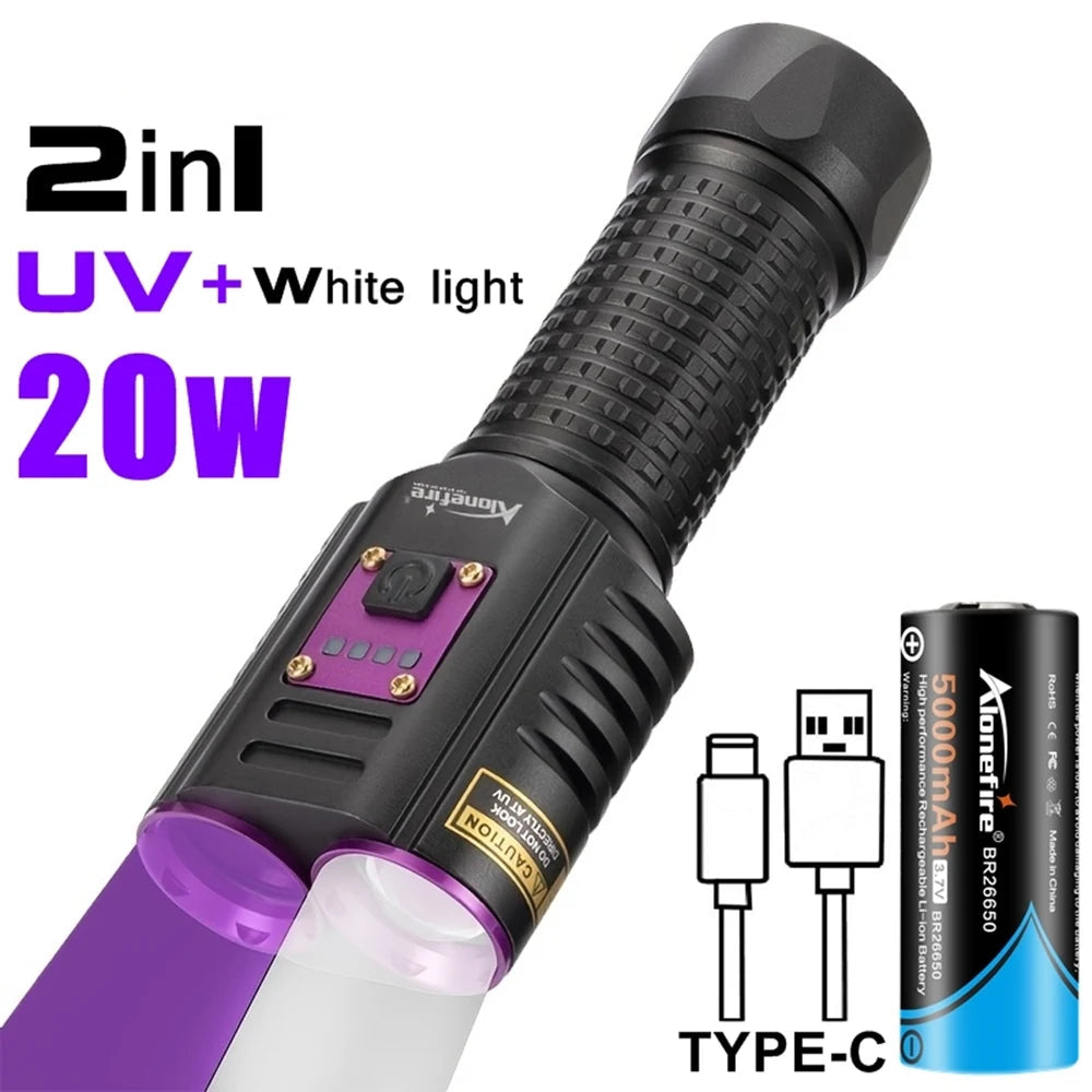 20W 365nm UV White Light Rechargeable Flashlight