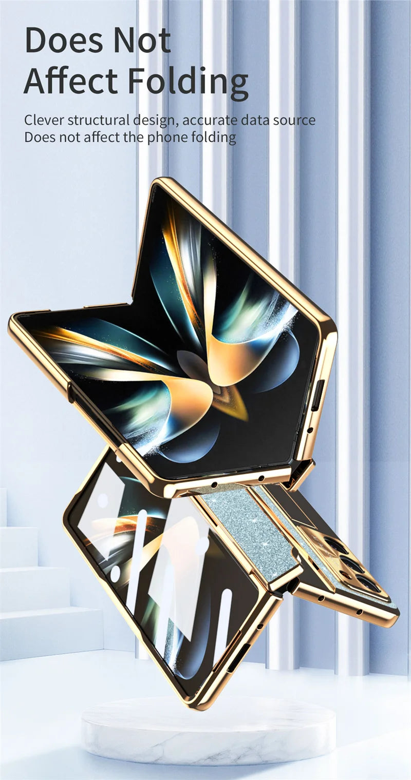 Luxury Flip Leather PC Integrated Phone Case For Samsung Galaxy Z Fold 3 4 5 6 Glitter Series With Holder Phone Protective Case