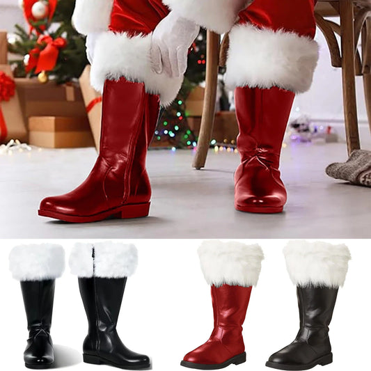 Christmas Santa Claus Boots Cosplay Black Leather Shoes White Plush Cuffs Foot Halloween Christmas Winter Boots