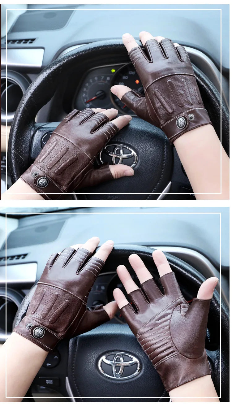 Sheepskin Half Finger Gloves For Fitness Driving High Quality Genuine Leather Gloves Fingerless Brown Driver Sports