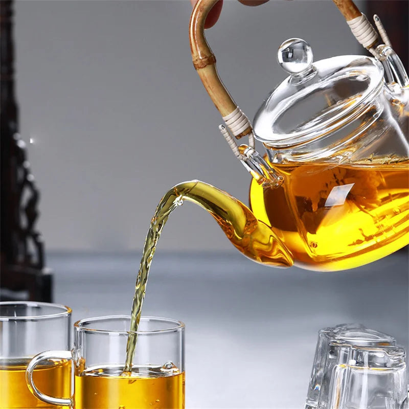 600ML Borosilicate Glass Teapot With Bamboo Handle Household Convenient Heated Tea Kettle with Filter Kung Fu Flower Tea Pot