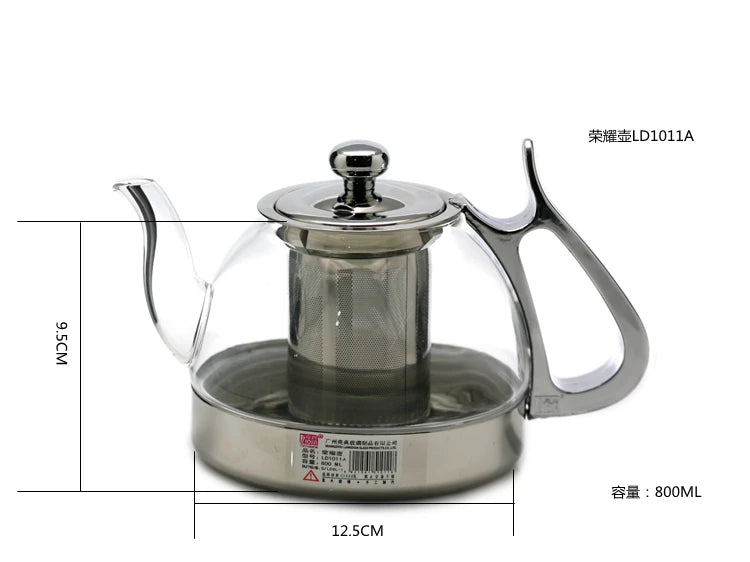 Heat Resistant Borosilicate Glass Teapot with Stainless Steel Infuser for Induction Cooker 1.2L