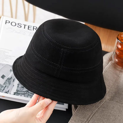 Designer Retro Genuine Leather Suede Sheepskin Women Bucket Hat Lady Fisherman Cap Gorro Women Cover Face Street Flat Hats High