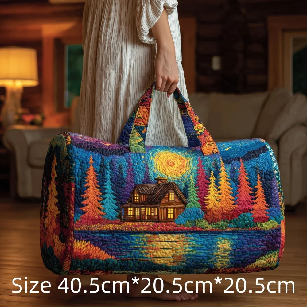 3D Print Quilted Travel Bag Autumn Mountain Forest Cabin Tote Weekender Duffle for Women Men Vintage Nature Landscape Hangbag
