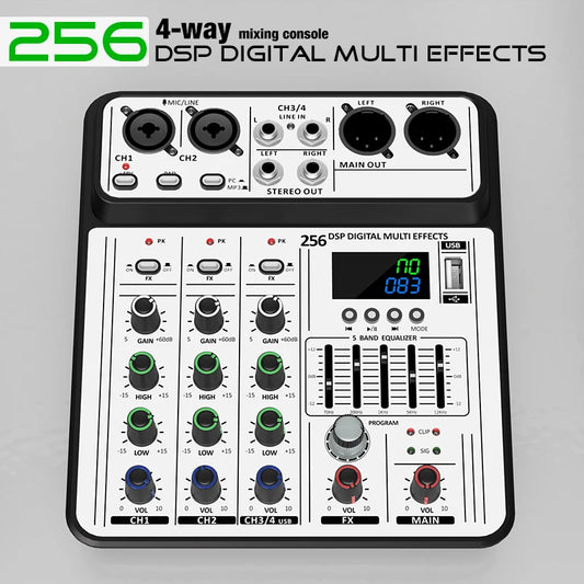 4 Channel Audio Mixer With 256 DSP Effects USB Bluetooth And 48V Phantom Power
