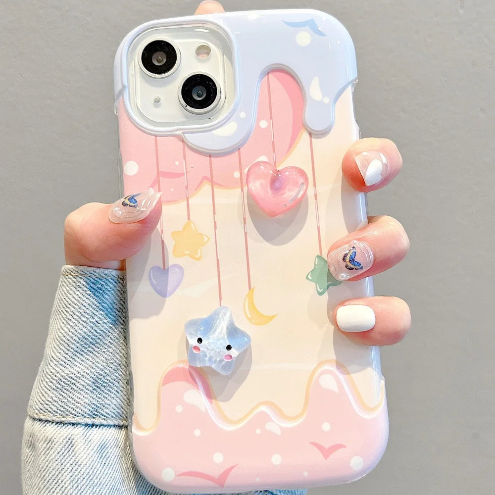 Cartoon 3D Heart Star Ice Cream Bead Strap Phone Case For iPhone 15 13 14 Pro Max Plus INS Lovely Soft Silicone Back Cover