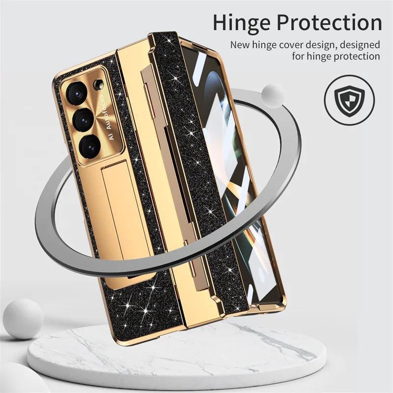 Luxury Flip Leather PC Integrated Phone Case For Samsung Galaxy Z Fold 3 4 5 6 Glitter Series With Holder Phone Protective Case