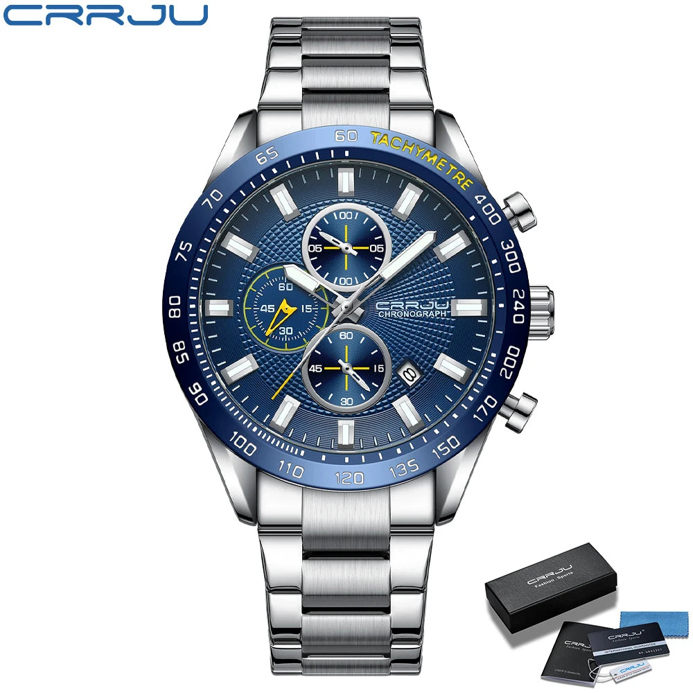 Men Watch Fashion Sports Chronograph Wristwatches Stainless Steel Strap with Auto Date